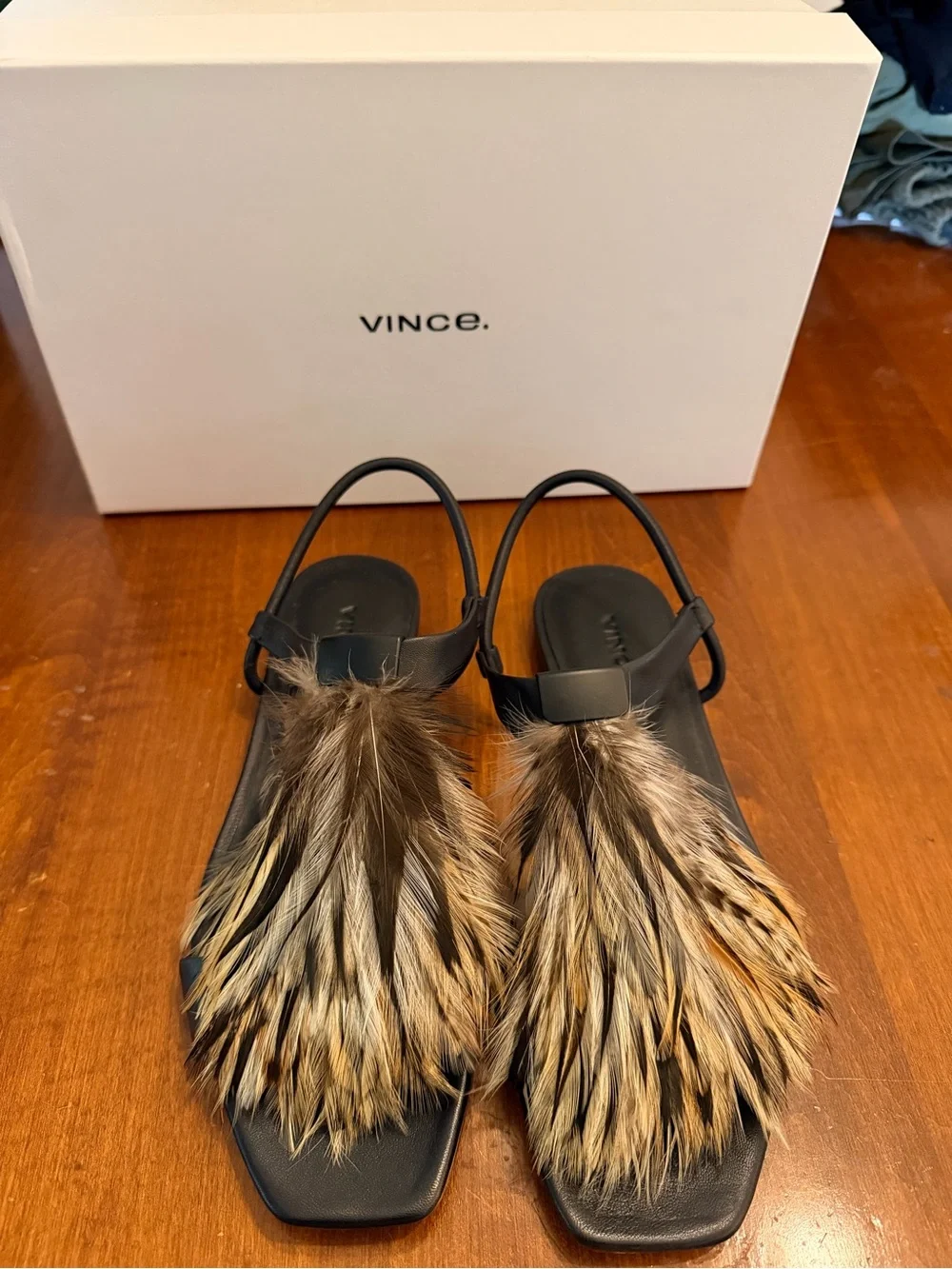 Vince Hepburn Black Leather Slingback Sandals with Feather Accent